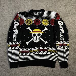 One Piece Sweater Mens M Black Multicolor Graphic Knit Ripple Junction Pullover